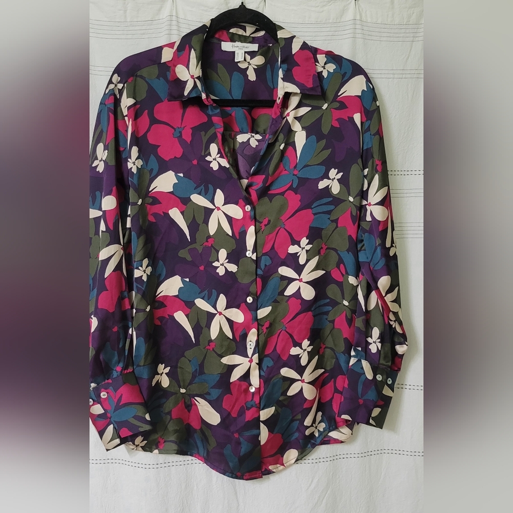 Haver & Blair London  Floral Print Satin  Blouse Size M EUC